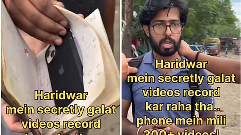 A viral video shows a man allegedly caught recording people using an iPhone hidden inside a diary in Haridwar.