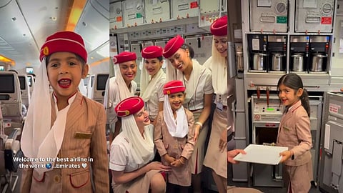 A five-year-old girl won hearts after acting as an Emirates cabin crew member, with her adorable flight video going viral online.