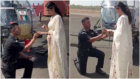 A newly trained military pilot proposed to his girlfriend in front of a helicopter moments after graduation, creating a heartwarming viral moment.