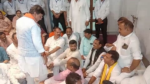 Congress MLAs staged a sit-in protest in the Madhya Pradesh Assembly premises after the demand for a discussion on the NEET examination issue was reportedly declined