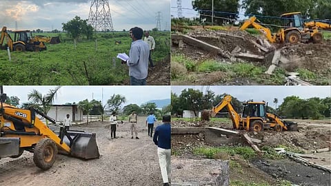 Revenue department and police remove encroachments from government land during a major anti-encroachment drive in Indore district.
