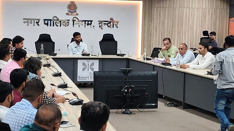 Indore Municipal Corporation officials hold a meeting with fire consultants and fire safety agencies to strengthen building fire safety compliance and audit standards.