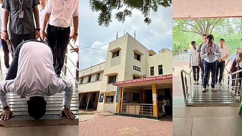 MP Water Resources Minister Tulsiram Silawat visits his alma mater, Atal Bihari Vajpayee Government Arts and Commerce College (formerly GACC College) in Indore, bows to the campus grounds, interacts with students, and plants a sapling under the 'Ek Ped Maa Ke Naam' campaign.