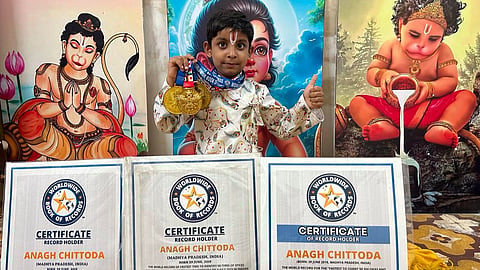 Seven-year-old Indore prodigy Anagh Chittoda receives Worldwide Book of Records certificate after setting a world record by reciting 50 Sanskrit mantras and shlokas in 10 minutes 48 seconds.