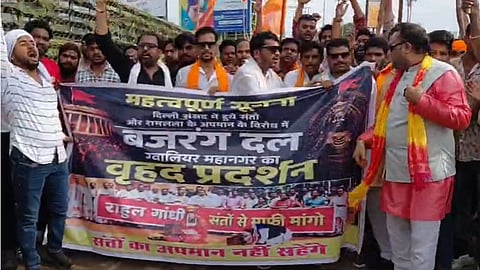 Bajrang Dal workers staged a protest in Gwalior over an alleged anti-Hindu act attributed to Pappu Yadav, while also alleging that the incident was carried out at the behest of Rahul Gandhi