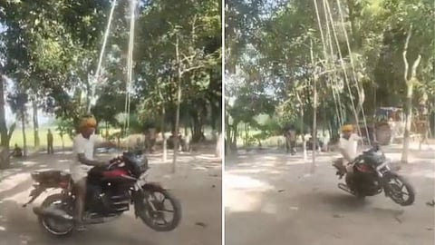 A man's viral video of turning a motorcycle into a swing has amused social media users, while many warned against copying the dangerous stunt.