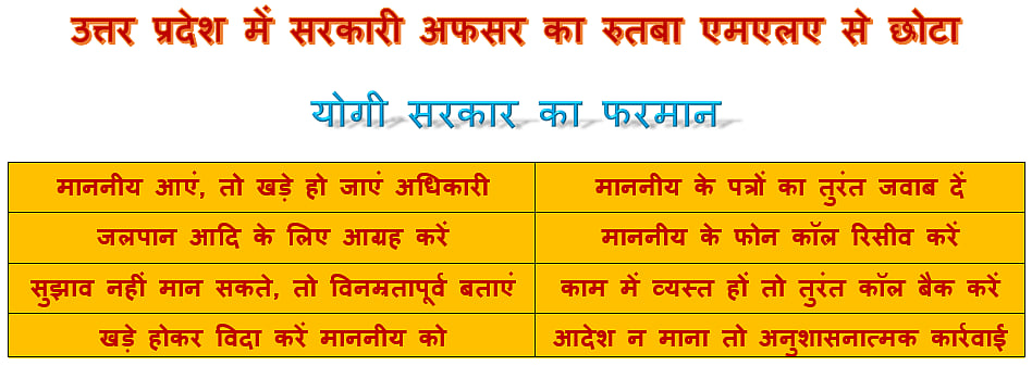 योगी सरकार का फरमान : एमएलए-एमपी के लिए कुर्सी छोड़ खड़े हों अधिकारी