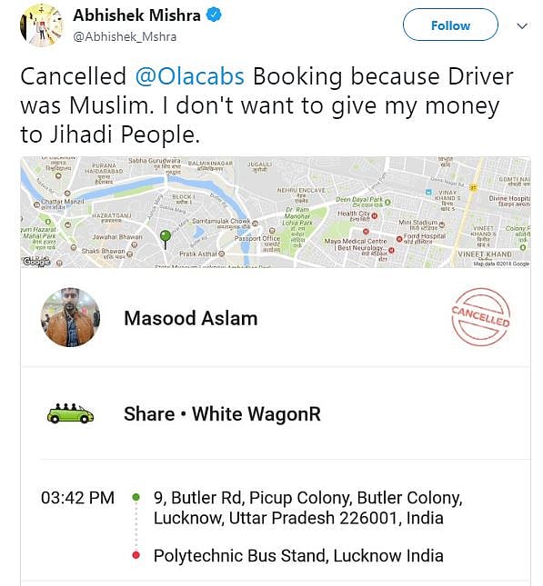 मुस्लिम ड्राईवर होने पर कैब कैंसिल करने वाले को फॉलो करते हैं मोदी के मंत्री, पीएम से मिल चुका है अवार्ड