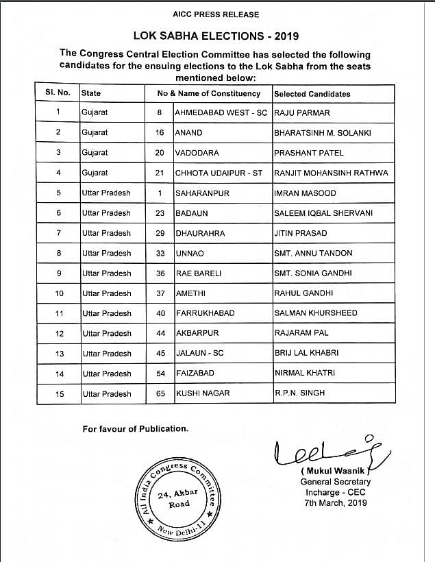 कांग्रेस ने आम चुनाव के लिए 15 उम्मीदवारों का किया ऐलान, अपनी परंपरागत सीट से लड़ेंगे सोनिया गांधी और राहुल गांधी