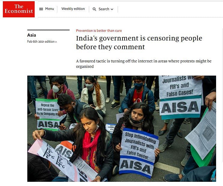 द इकोनॉमिस्ट में प्रकाशित भारत पर स्टोरी का स्क्रीनशॉट