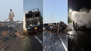 उत्तर प्रदेश: ईस्टर्न पेरिफेरल पर ट्रक में लगी भीषण आग, ड्राइवर-क्लीनर ने ट्रक से कूद कर बचाई जान