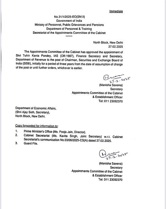 तुहिन कांत पांडेय SEBI के नए चीफ नियुक्त, माधबी पुरी बुच की लेंगे जगह