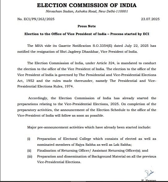 चुनाव आयोग ने शुरु की उपराष्ट्रपति चुनाव की तैयारी, धनखड़ के इस्तीफे से खाली हुआ है पद
