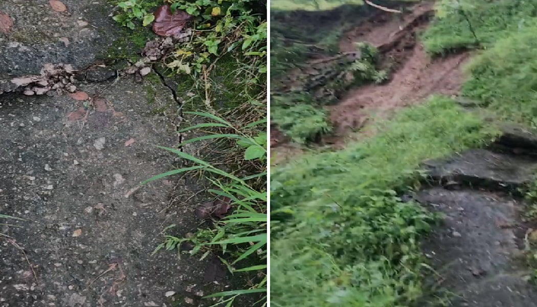सिंद्रवाणी तल्ली गांव का पूरा का पूरा रास्ता भूस्खलन में धंस गया (फोटो- नवजीवन)