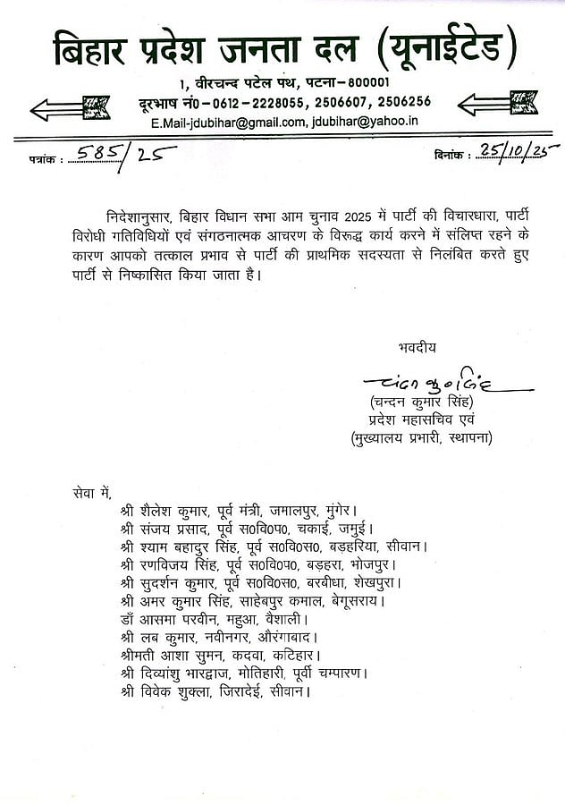 बिहार चुनाव: JDU ने 11 नेताओं को पार्टी से निकाला, पार्टी विरोधी गतिविधियों के आरोप में एक्शन