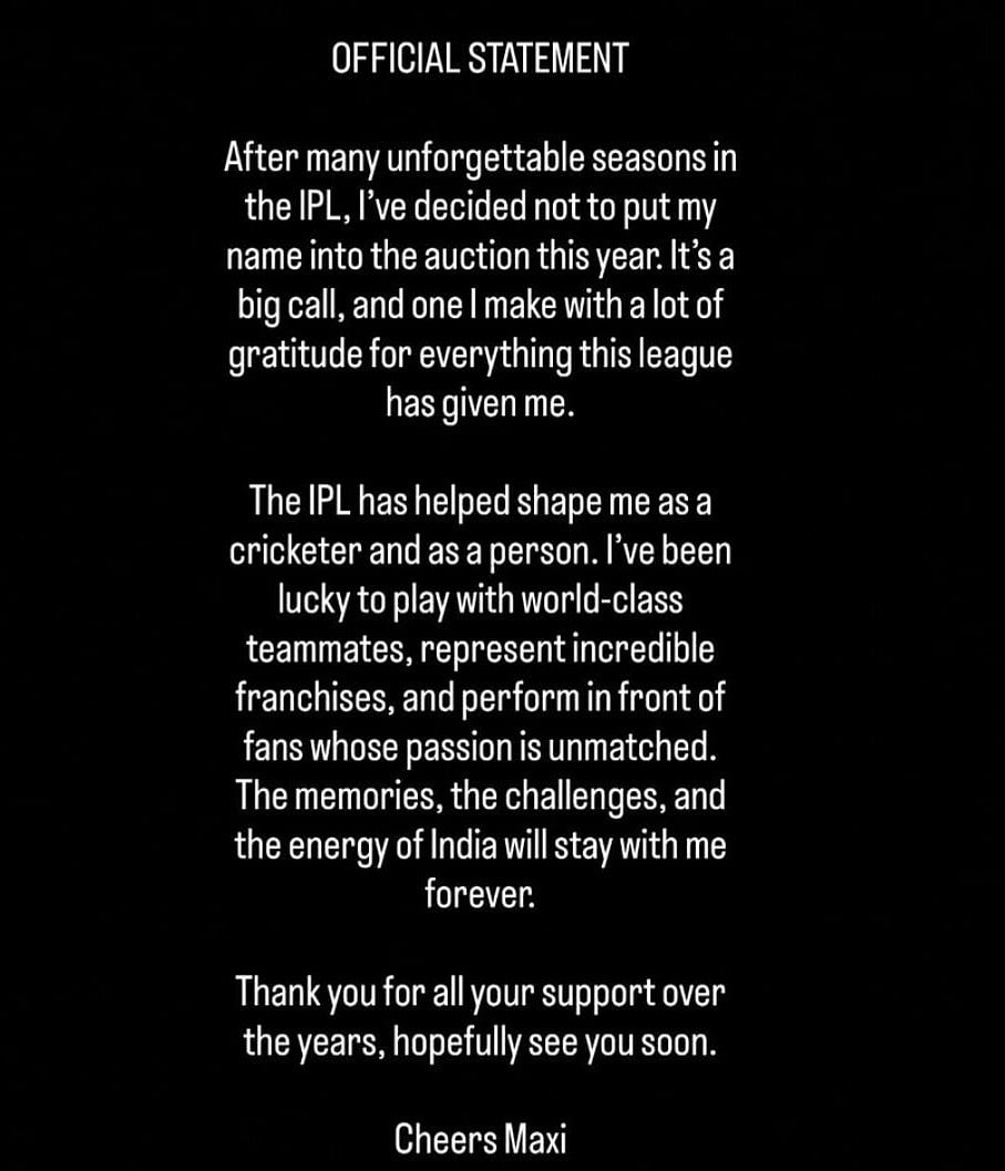 IPL 2026 में नहीं दिखेंगे ग्लेन मैक्सवेल, भावुक संदेश लिख फैंस को कहा शुक्रिया 