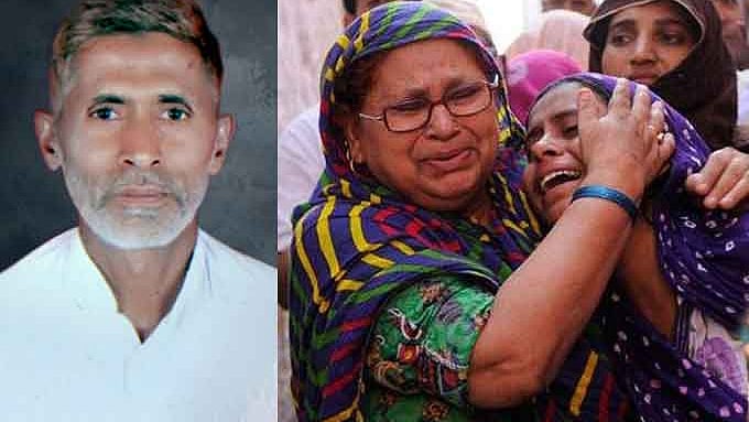 मोहम्मद अखलाक और दाएं बिलखता परिवार (फाइल फोटो)