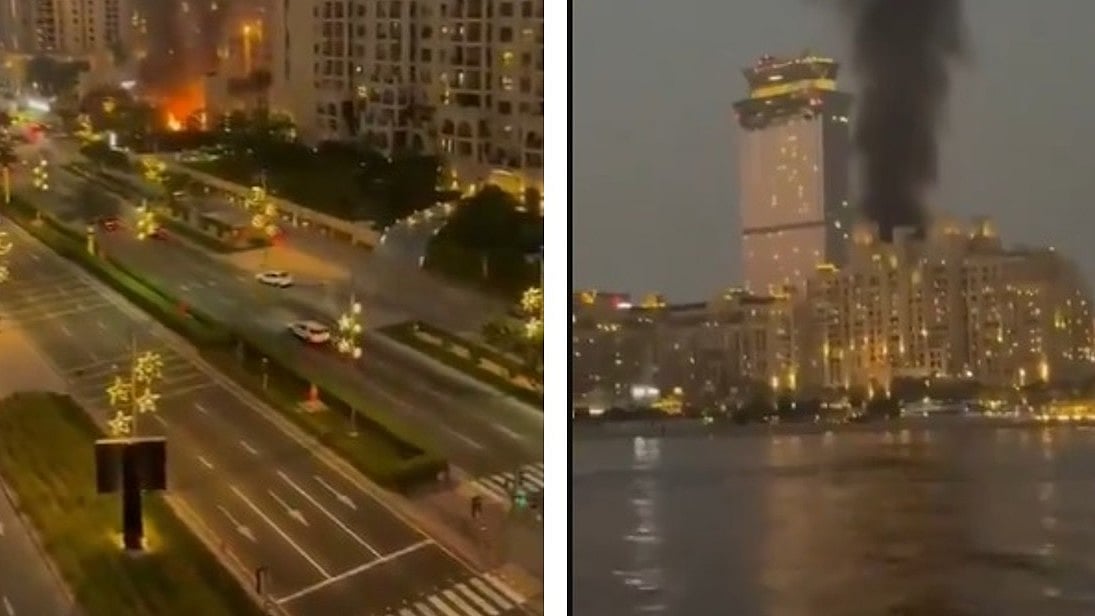 दुबई में ईरानी ड्रोन हमले के बाद से इमारतों से उठता धुआं