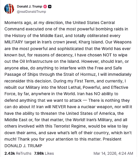 ईरान पर मध्य पूर्व एशिया के इतिहास की सबसे भीषण बमबारी, खर्ग द्वीप तबाह, ट्रंप की धमकी- अगर ईरान या कोई और...