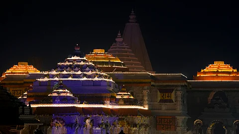 View of the Ram Mandir in the evening on the eve of its consecration ceremony, in Ayodhya, Sunday, Jan. 21, 2024.
