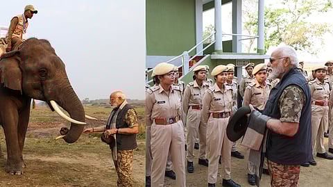 During his visit to the Assam Kaziranga National Park, Prime Minister Narendra Modi engages with the women's forest guards, Van Durga- JUNGLE TAK