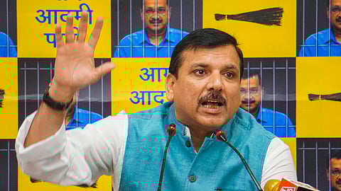AAP leader Sanjay Singh addresses a press conference, in New Delhi.
