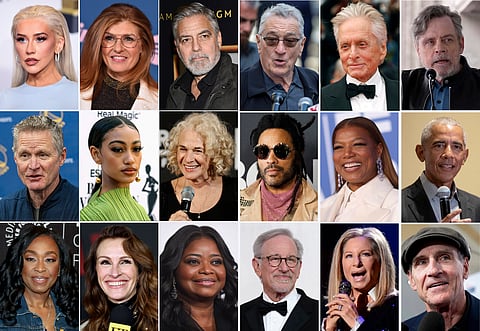 This combination of photos shows celebrities lending their star power to President Joe Biden, hoping to energize fans to vote for him in November 2024 or entice donors to open their checkbooks for his reelection campaign.