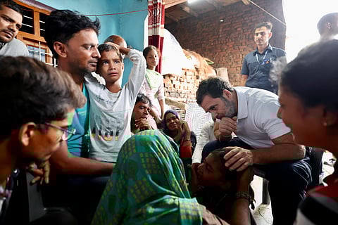 Congress leader Rahul Gandhi meets families of the victims of Hathras Stampede Tragedy 
at Pilakhna, Aligarh.