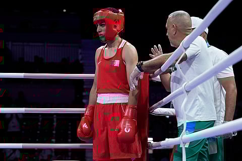Algeria's Imane Khelif prepares to fight Italy's Angela Carini in their women's 66kg preliminary boxing match at the 2024 Summer Olympics