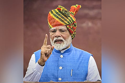 Prime Minister Narendra Modi addresses the nation from the Red Fort on 78th Independence Day, in New Delhi, Thursday, Aug. 15, 2024.