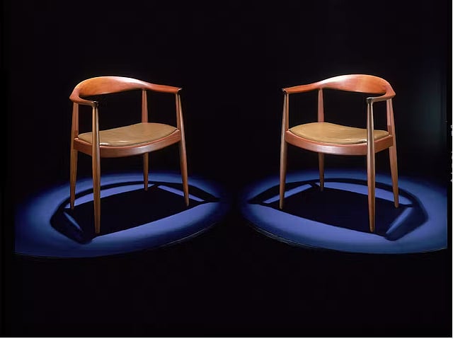 These chairs were used in the first presidential debate, held in the CBS studio in 1960. Plaques on the back identify who sat in each chair. Smithsonian National Museum of American History