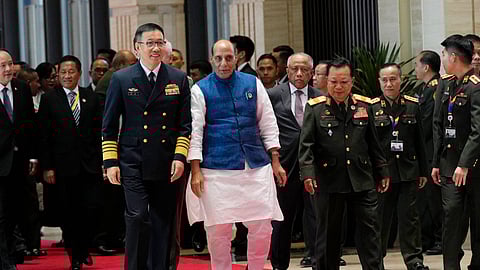 Defence Minister Rajnath Singh with Chinese counterpart Dong Jun, centre left, arrive to attend the Association of Southeast Asian Nations (ASEAN) defence ministers' meeting in Vientiane, Laos, Thursday, Nov. 21, 2024.