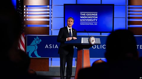 U.S. Secretary of State Antony Blinken speaks at George Washington University in Washington, May 26, 2022, outlining the administration's policy toward China at an event hosted by the Asia Society. (AP via VOA)