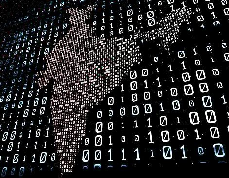 A map of India made up of binary digits, surrounded by larger 1s and 0s.