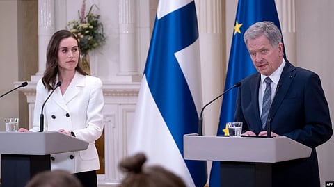 President Sauli Niinisto and Prime Minister Sanna Marin announced the NATO membership bid at the presidential palace in Helsinki. (AFP via VOA )