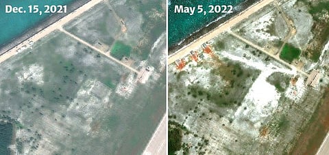 Satellite imagery of Subi Reef in the Spratly Islands. According to Simularity Inc., the presence of structures and materials (rust-colored stockpiles) and the addition of significant amounts of sand can be seen in the photo at right. Paths to the road have been created and the material stockpiles are most likely there to facilitate the use of heavy equipment. The emerging white squarish shape indicates a possible foundation. (RFA)