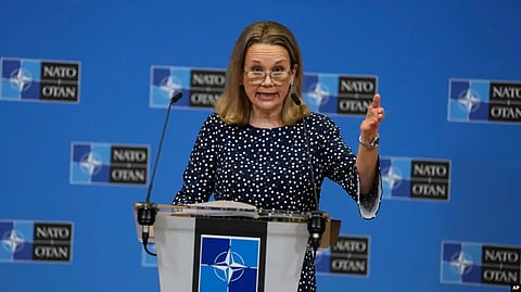 United States Ambassador to NATO Julianne Smith speaks during a media conference at NATO headquarters in Brussels, Tuesday, Feb. 15, 2022.