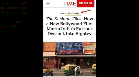 The Time Magazine had a headline: “The Kashmir Files: How a new Bollywood movie marks India’s further descent into bigotry.” (Screenshot/TIME Magazine)