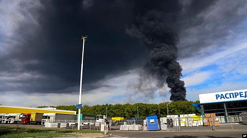 FILE - Smoke rises from an area controlled by Russian forces in Makiivka, 15 km east of Donetsk, eastern Ukraine, May 4, 2022. A HIMARS strike on the city Sunday left at least 63 Russian soldiers dead, Russia’s Defense Ministry announced Monday. (AP)
