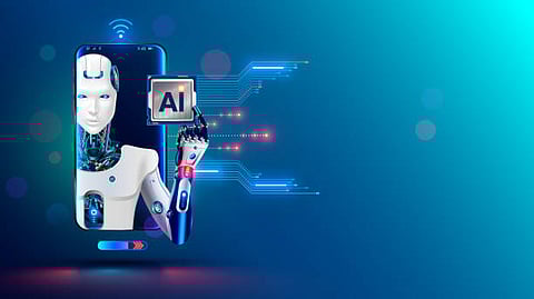 A robot holds a smartphone, gazing intently at the screen.