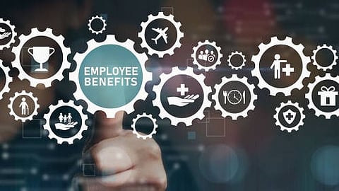 Visual representation of modern employee benefits, highlighting digital tools for health, wellness, and flexible work arrangements