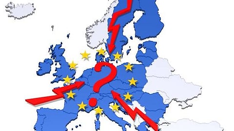 Map of Europe with red lightning bolts, stars, and a question mark symbolizing crisis or uncertainty in the region.