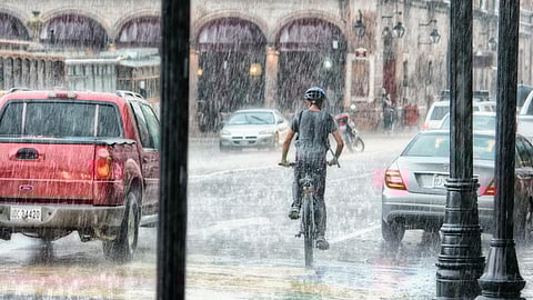 A man cycling through the rain, wearing a raincoat and focused on the road ahead.