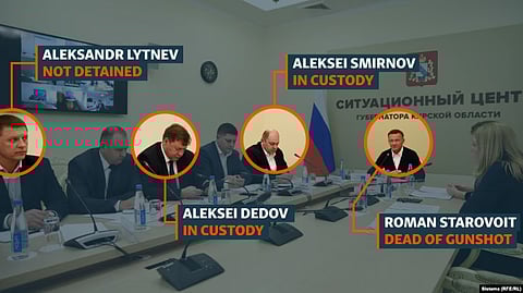 Nine people in all have detained or implicated in an embezzlement scandal of money earmarked for border defenses in the Kursk region. Roman Starovoit was Kursk's governor before joining Putin's Cabinet as transport minister.
