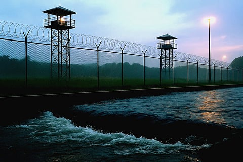 The image shows a fenced border area with watchtowers beside a river at sunset.