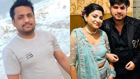 The image shows a man in casual attire and a woman in traditional clothing posing with two men.