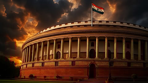 The image shows the Indian Parliament building with an Indian flag, set against a dramatic background of fire and smoke.