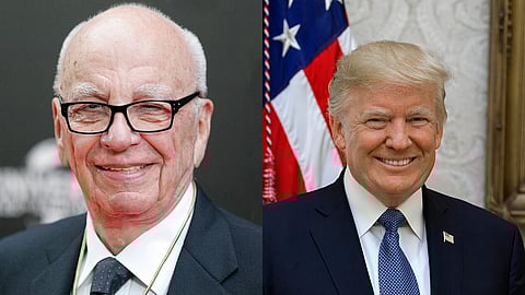 Two smiling men in glasses and ties, one resembling Donald Trump, pose together in a friendly manner.