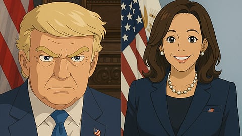 The image shows animated characters in formal attire with a U.S. flag background.
It represents political figures in a cartoon or anime style.