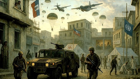 A painting depicting soldiers marching down a street alongside a jeep and various military vehicles.